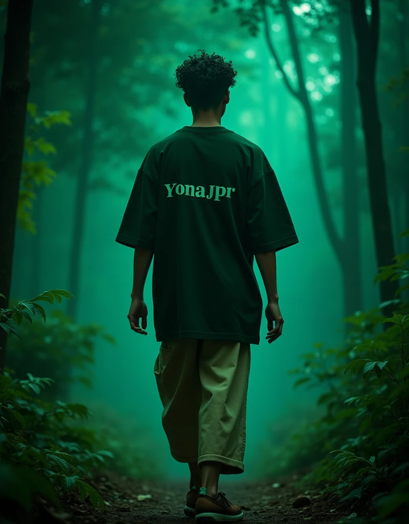 Adult male with short corkscrew hair, Walking backwards with an oversized dark green shirt that says Yona Jpr, Beige pants. a. At night, everything is dark green