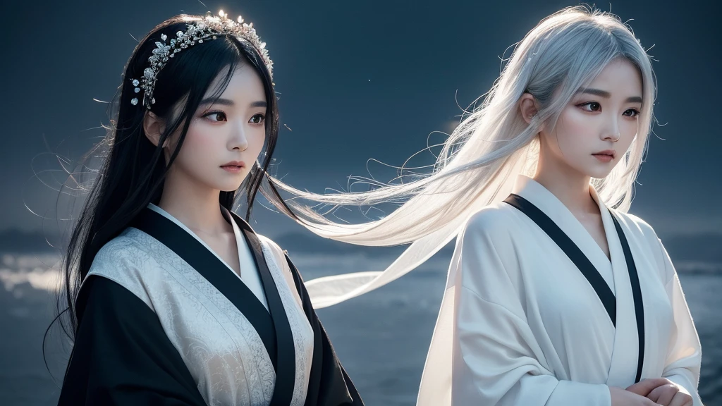 A delicate and lovely ancient goddess with lustrous black hair. She wears a white kimono wear  and a simple silver hair mixture. The background is a fantastic and ethereal night sky, as if possessed by a specter. Her expression is stern and atmospheric.
