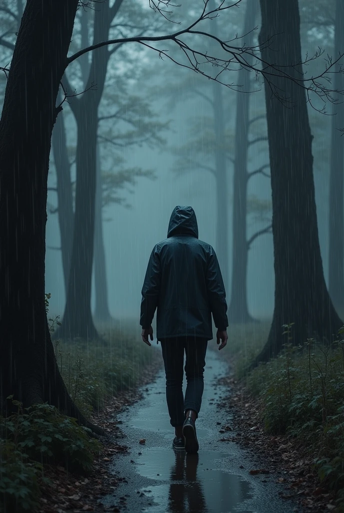 Black cloudy rainy day walking in a forest