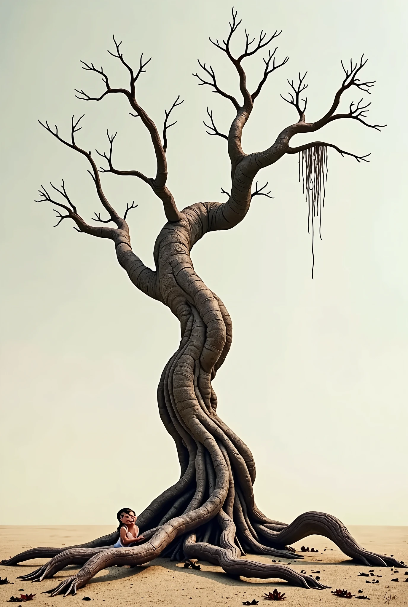 Dry tree with few brown branches, with a couple lying on the trunk