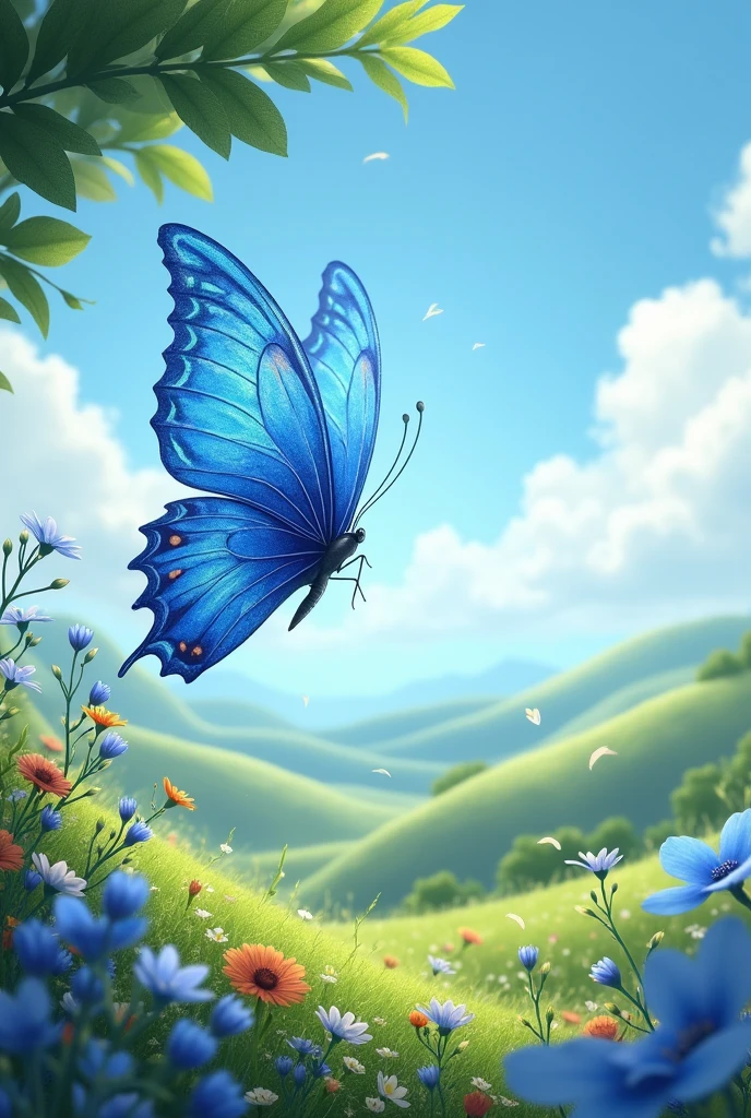 Give me a 3D image of a very beautiful watercolor blue butterfly that shines and shimmers flying in a beautiful, unmatched aesthetic landscape