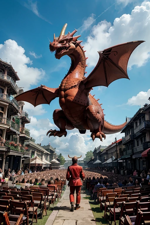Group of majestic dragon riders soaring through the vibrant festival atmosphere.