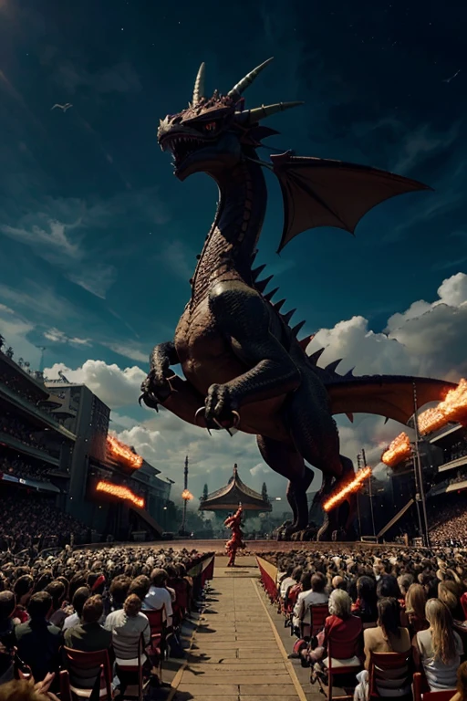 there is a dragon that is standing on a platform in front of a crowd, but as an anthropomorphic dragon, gelbooru anime image, as an anthropomorphic dragon, spike pit, slifer the sky dragon, pteranadon styling, dra the dragon, safebooru anime image, a baddass dragon, colossal dragon in background
