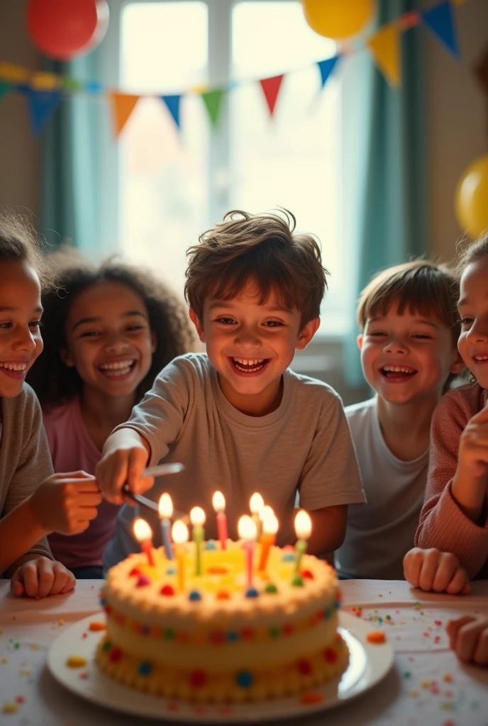 Create a realistic photo of where a white boy is cutting a birthday cake with friends, smiling and facing outward inside the house