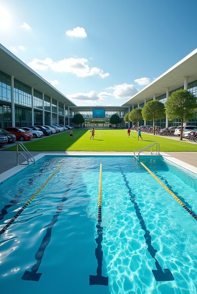 training center with swimming pool, soccer pitch, parking
