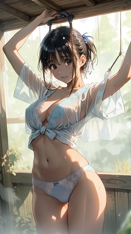 大きな笑face, Very beautiful and shining eyes、Her arms are tied with a rough rope and she is hanging from the ceiling.、Sweat、The rope bound her body.、Wet体、Rough rope digging into crotch、A large amount of liquid flows out from the groin、(One leg is suspended above by a rough rope)、Tied up with rope、Tied up tightly、Hands tied、Hanging from shackles
(8k, Live Shooting, Best image quality, masterpiece: 1.4), Ultra-fine mesh, (reality, Realistic: 1.48), masterpiece、Highest quality、Very detailed、8k、Detailed light、Detailed Shadows、born、(Detailed skin)、(reality: 1.2)、1 girl、face、18-year-old、Black Hair、ponytail、Long Hair、((White lace sheer underwear、In the heavy rain,Wet crotch、Wet))