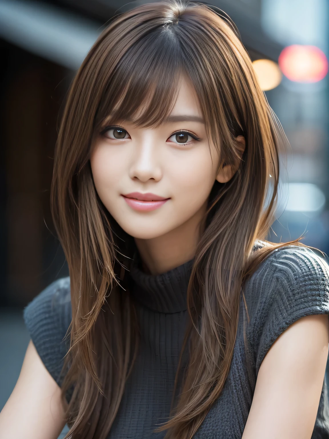 masterpiece, best quality, ultra-detailed, intricately detailed hyperdetailed, realistic, sharp features, highly detailed, sharp focus, Realistic, Photorealistic:1.3, (:1.5), perfect face, perfect symmetrically eyes, perfect full lips, hyper detailed, hyper realistic, high resolution, Fashion Model, Japanese Idol, Slender, brown hair, Stylish, model poses, Beautiful Face, light brown hair, messy hair, asymmetrical bangs, (seductive smile:1.2), (looking at viewer), cinematic lighting, grey background, (Black knit:1.2), portrait
