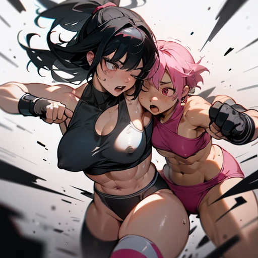 A fierce exchange of punches and kicks. they are beating each other so hard. two bloody beautiful Japanese female heavyweight fighters are looking at each eyes. survival battle. dynamic exciting action in the octagon fighting ring. whole body picture. they are covered in scars and bruises. they are damaged terribry. Short-cut black hair, out of breath, drooling from mouth, one eye closed, exhausted, drenched in sweat. Erect nipples. open finger glove. Ragged white and pink sports bra, high leg panty, Stockings. armwarmers. Whittled waistline, Muscular, six pack abs, very thick arms and thighs, super huge tits.