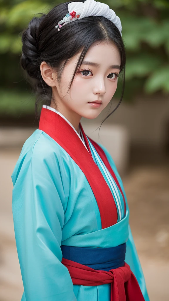 A Korean girl. Black hair is tightly tied in a bun on the top of her head, the rest of her hair falls over her shoulders. different colored eyes: green and blue. Red Hanbok. Red threads in her hands.