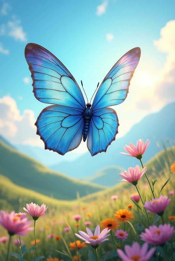 Give me a 3D image of a very beautiful watercolor blue butterfly that shines and shimmers flying in a beautiful, unmatched aesthetic landscape