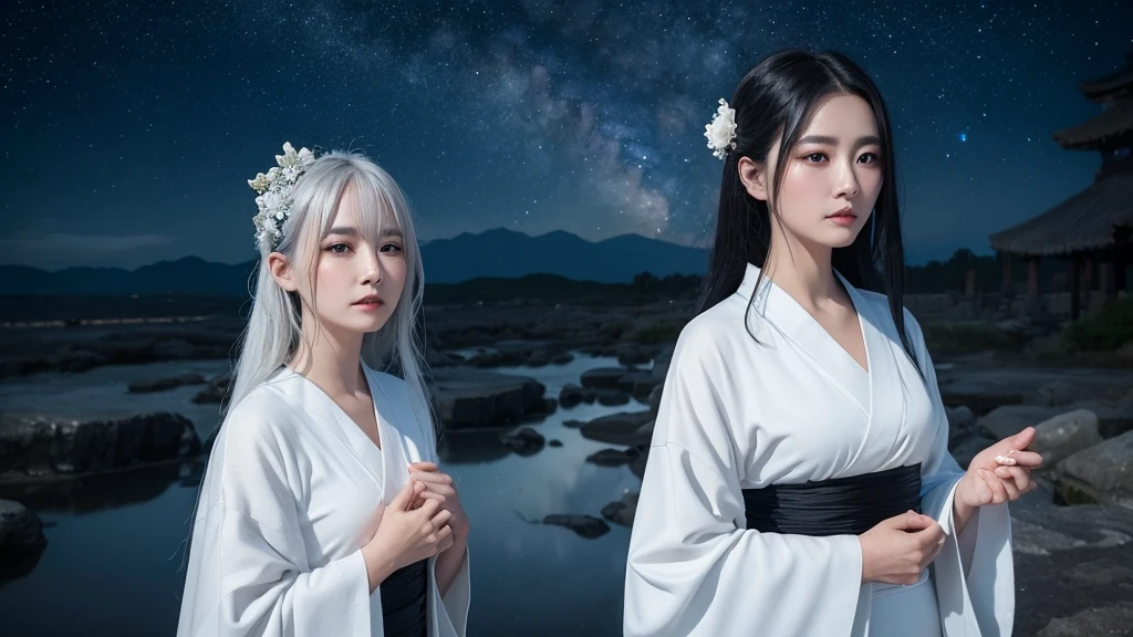 A delicate and lovely ancient goddess with lustrous black hair. She wears a white kimono wear and a simple silver hair mixture. The background is a fantastic and ethereal night sky, as if possessed by a specter. Her expression is stern and atmospheric.