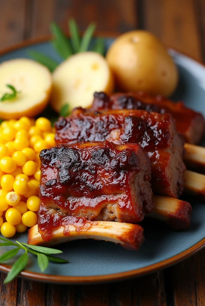 Steamed pork ribs food, cut into large squares , with their bones, without sauces on top, corn kernels without their yellow husks , boiled peeled potato cut in half.
All these ingredients served on the same plate
