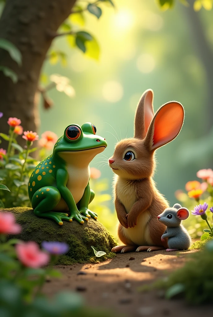 A frog and a rabbit talking to a mouse