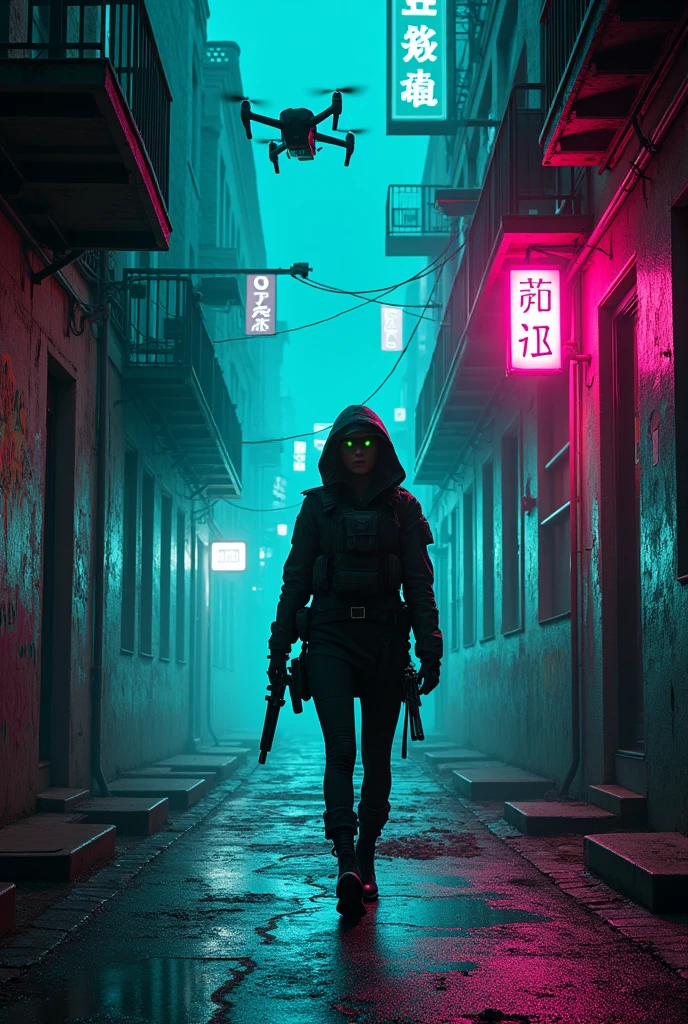 In a dark city full of neon lights, Raven walks down an alleyway, avoiding security cameras and surveillance drones. She reaches an abandoned building where the rest of the team awaits