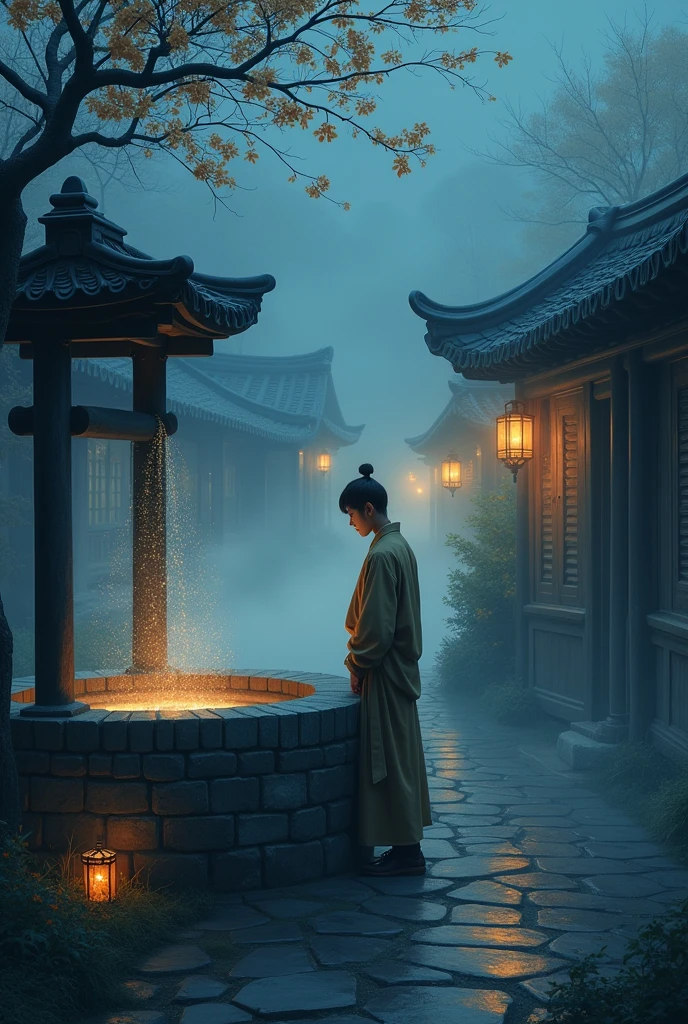 A young Chinese man standing around well in village night pic with fog in background 
