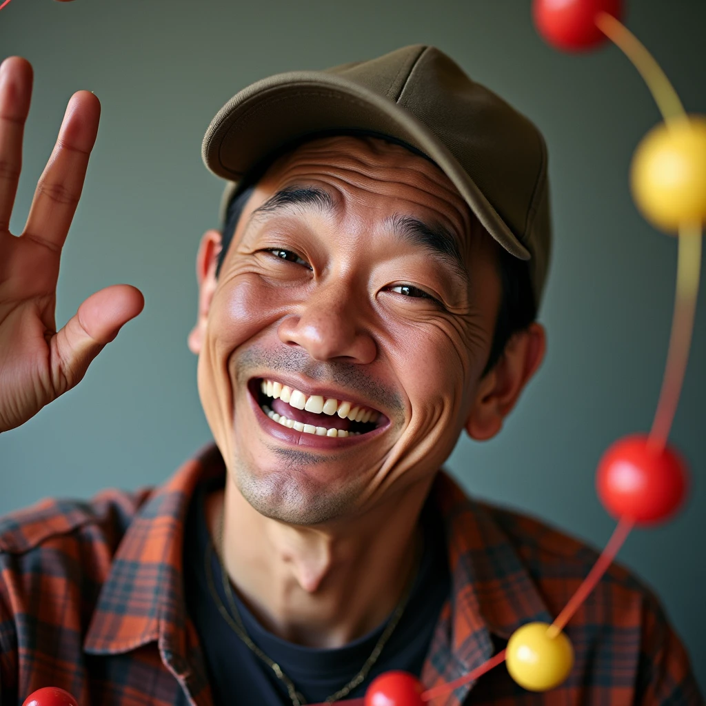 A silly-looking Japanese man wearing a cap plays the GOGO Juggler with a grin on his face.