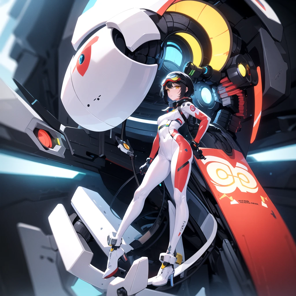 1 girl, yellow eyes, short hair, whole body, Portrait of a stylish 20 yo woman software engineer, ((wearing smart Futuristic goggles)), white Futuristic clothing with blue and red accent colors