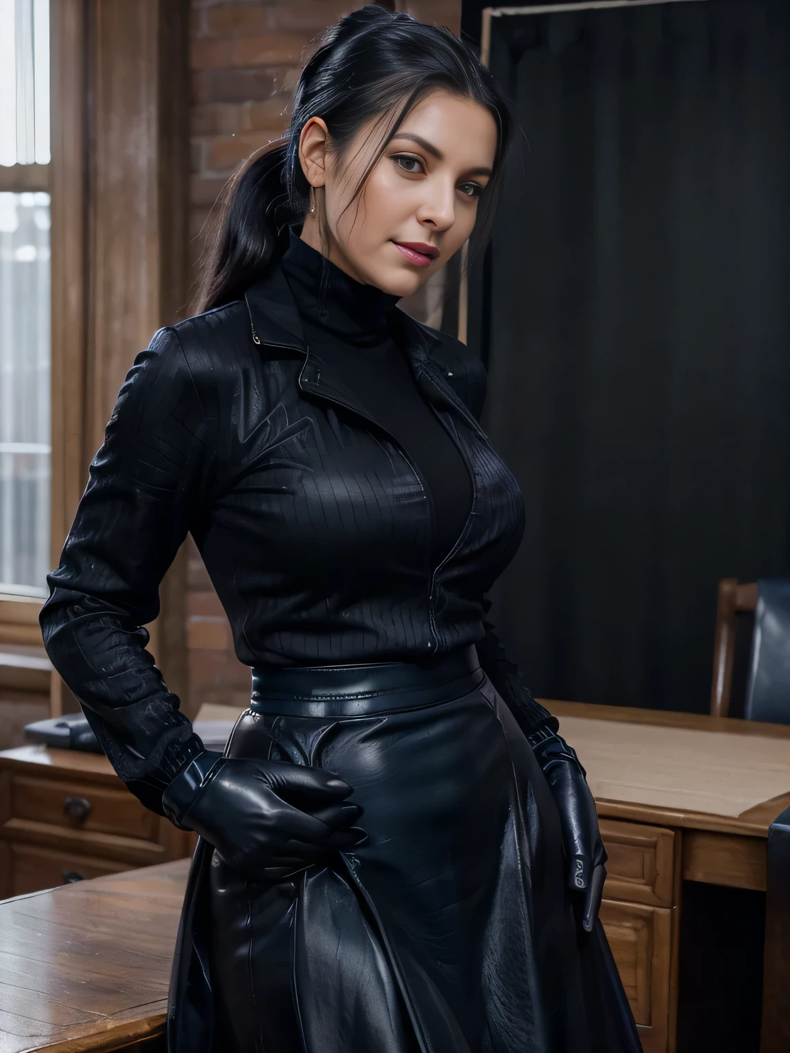 photo of  a soaked and sweaty completly clothed horny prime minister of parliament woman witha  sensual smile standing near her desk  waitin for the man she loves , monica bellucci at 35 years old , eyes closed in front of a man,  (( Monica is dressed with a blue leather tellier double breasted jacket blue turtleneck sweater , and a black long maxi-skirt(black long maxi-skirt:1.2 )) (( black ponytail hair)) (( she is wearing his favorite vintage grey silk gloves )) ( (( the photo is from up front ))