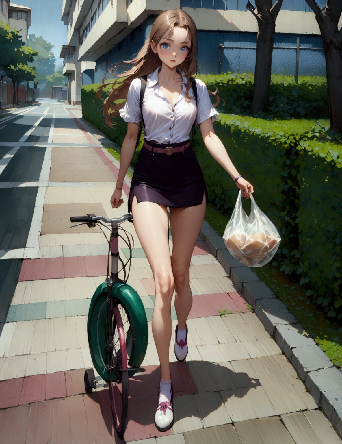 realistic anime illustration of beautiful college girl is holding a smartphone and holding a plastic bag while she walking along the way to her campus, she has brown long hair (+forehead) , she wearing white short sleeve collared unbuttoned top shirt, black pencil mini skirt with belt, and white cutshoes, (1girl, solo, full body), (masterpiece, best quality, japanese anime style), (expressive eyes, perfect face)