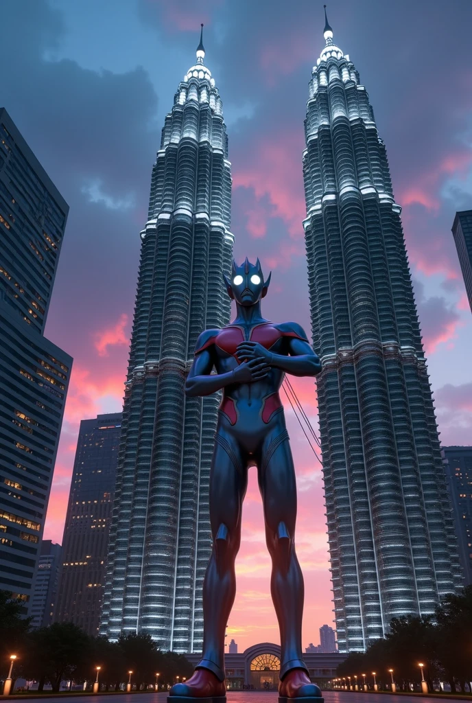 ultraman waybig,hugging klcc twin tower,extremely detailed, highly detailed, hyper realistic, cinematic lighting, photorealistic, 8k, award winning, digital art, highly detailed creature, highly detailed environment, volumetric lighting, intricate details, dramatic lighting, cinematic composition, ultra detailed, sharp focus, physically-based rendering, masterpiece