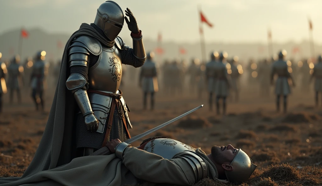 A highly realistic, high-contrast, 8K HD, detailed, hyper-detailed image of a medieval knight standing on a battlefield, saluting a fallen comrade with deep respect. The knight, clad in steel armor with a lion emblem on his tunic and helmet fully covering his face, stands solemnly beside the body of his fallen companion. The battlefield around them is strewn with the remnants of combat, but the focus is on the knight as he pays his respects. The atmosphere is somber and poignant, capturing the honor and camaraderie shared among the knights. The image is of the highest quality, with ultra-high resolution, RAW photo quality, and Unreal Engine rendering, showcasing the profound moment of tribute and the unspoken bond between the knight and his fallen brother, who bear the lion emblem on their armor.
