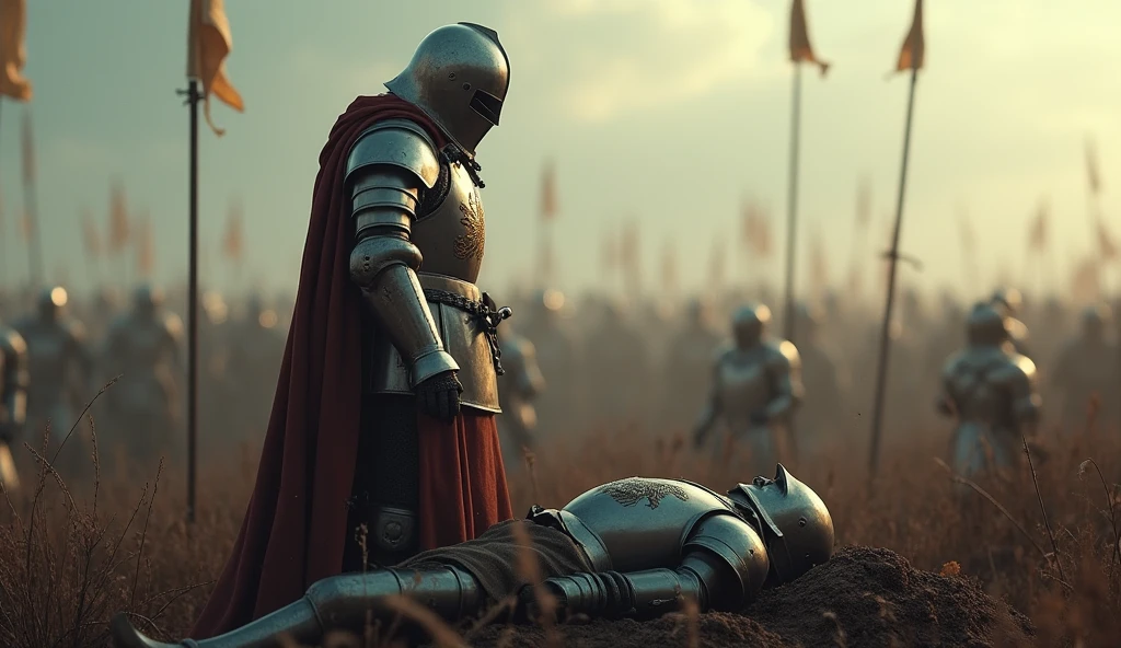 A highly realistic, high-contrast, 8K HD, detailed, hyper-detailed image of a medieval knight standing on a battlefield, saluting a fallen comrade with deep respect. The knight, clad in steel armor with a lion emblem on his tunic and helmet fully covering his face, stands solemnly beside the body of his fallen companion. The battlefield around them is strewn with the remnants of combat, but the focus is on the knight as he pays his respects. The atmosphere is somber and poignant, capturing the honor and camaraderie shared among the knights. The image is of the highest quality, with ultra-high resolution, RAW photo quality, and Unreal Engine rendering, showcasing the profound moment of tribute and the unspoken bond between the knight and his fallen brother, who bear the lion emblem on their armor.
