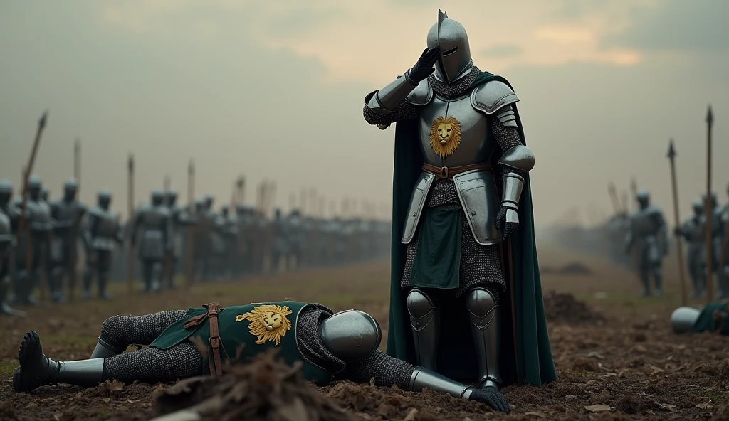 A highly realistic, high-contrast, 8K HD, detailed, hyper-detailed image of a medieval knight standing on a battlefield, saluting a fallen comrade with deep respect. The knight, clad in steel armor with a lion emblem on his tunic and helmet fully covering his face, stands solemnly beside the body of his fallen companion. The battlefield around them is strewn with the remnants of combat, but the focus is on the knight as he pays his respects. The atmosphere is somber and poignant, capturing the honor and camaraderie shared among the knights. The image is of the highest quality, with ultra-high resolution, RAW photo quality, and Unreal Engine rendering, showcasing the profound moment of tribute and the unspoken bond between the knight and his fallen brother, who bear the lion emblem on their armor.
