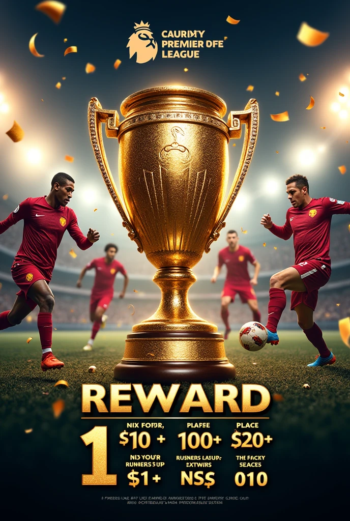 Create a Fantasy Premier League Reward Poster with prize money as listed below:
- 1st: 100000
- 2nd: 60000
- 3rd: 30000
- 4th: 20000
- 5th: 10000
- 6th - 10th: 5000
- GW Winner: 2500
- GW Runner up: 500 each
- Monthly Winner: 3000 each
- FPL Cup Winner: 10000
- FPL Cup Runner Up: 5000
- Last Man Standing Winner: 10000
- Last Man Standing Runner Up: 5000
The amount above is in NRS