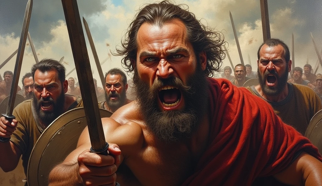 oil painting, Close-up of men in Ancient times running into battle, Their faces are screaming and reflect anger