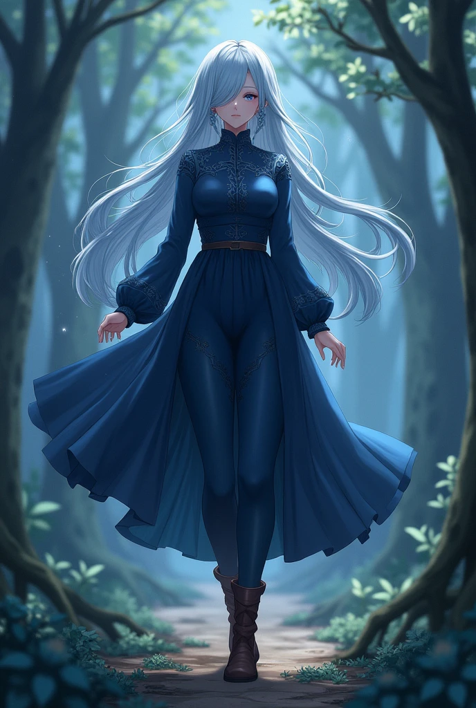 Mei Mei has long, pale blue hair., braided into two neat braids, one of which covers her left side of her face. She walks with slightly narrowed, sometimes completely closed eyes, which makes it difficult to determine the exact color of her eyes.

She wears a dark blue dress with long sleeves and a high collar., and at the bottom, pants and brown boots of the same color.