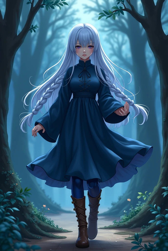 Mei Mei has long, pale blue hair., braided into two neat braids, one of which covers her left side of her face. She walks with slightly narrowed, sometimes completely closed eyes, which makes it difficult to determine the exact color of her eyes.
She wears a dark blue dress with long sleeves and a high collar., and at the bottom, pants and brown boots of the same color.