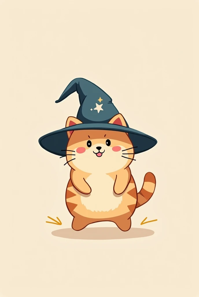 Simple and cute cartoon character illustrations, Cute chibi-style cat that walks on two legs,The majority of the background is a single color, Cat is wearing a slightly oversized wizard's hat, A design that evokes a sense of familiarity and trustworthiness,