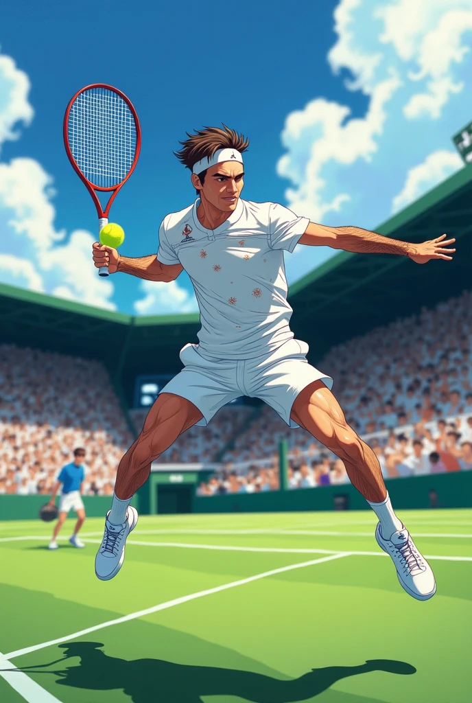 Roger Federer, anime style, jumping backhand