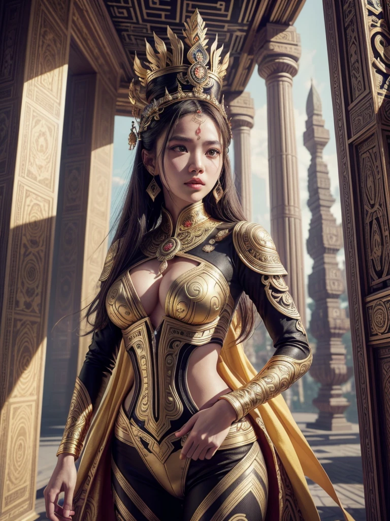 An Indonesian-styled sexy futuristic suit without pants worn by a beautiful age girl with crown on the head. depicting cultural fusion and modern fashion. The suit is adorned with intricate patterns and dominant by a yellow colors, showcasing the rich heritage of Indonesia. The girl stands confidently with her detailed eyes reflecting determination. The suit's material is a combination of traditional textiles, yellow topaz stone, and futuristic synthetic fabrics, giving it a unique and avant-garde appearance. The overall image quality is of the highest standard, with sharp focus and ultra-detailed rendering. The artwork employs physically-based rendering techniques, resulting in realistic lighting and shadows. The colors are vivid and vibrant, capturing the essence of Indonesian cultural aesthetics. The background features a fusion of modern architecture and traditional elements, creating a harmonious blend of the past and the future. The prompt explores the intersection of Indonesian culture, futuristic design, and the artistic representation of a confident girl
