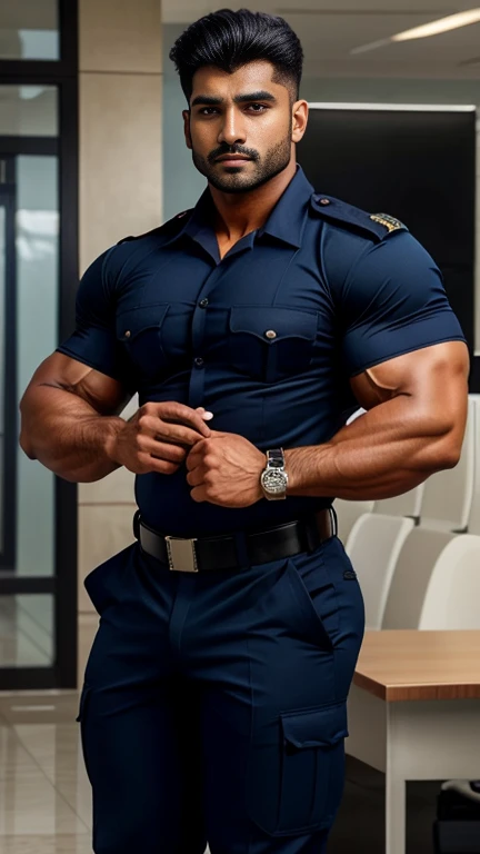 indian gurjar hunk in navy security guard uniform with batches on shirt and huge bulge