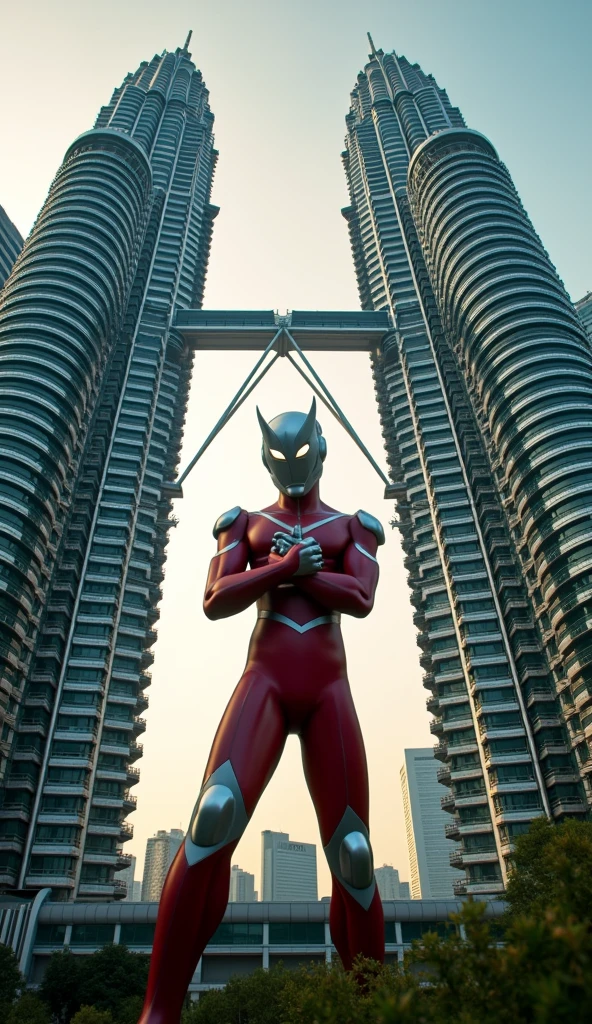 ultraman waybig,hugging klcc twin tower,extremely detailed, highly detailed, hyper realistic, cinematic lighting, photorealistic, 8k, award winning, digital art, highly detailed creature, highly detailed environment, volumetric lighting, intricate details, dramatic lighting, cinematic composition, ultra detailed, sharp focus, physically-based rendering, masterpiece