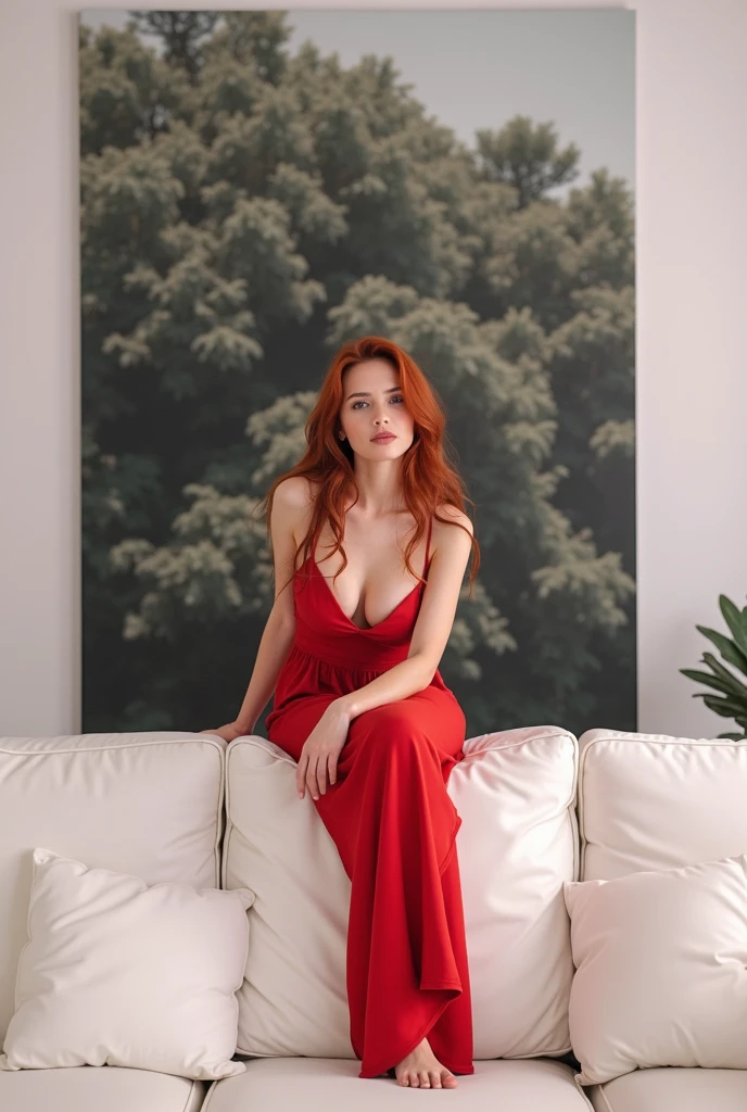 professional photo of a beautiful woman, bright red hair, bright blue eyes, wearing sexy nightdress, she is outside sitting on a sofa, patio, night time, raw photo, highly detailed, ultra hd, 8k
