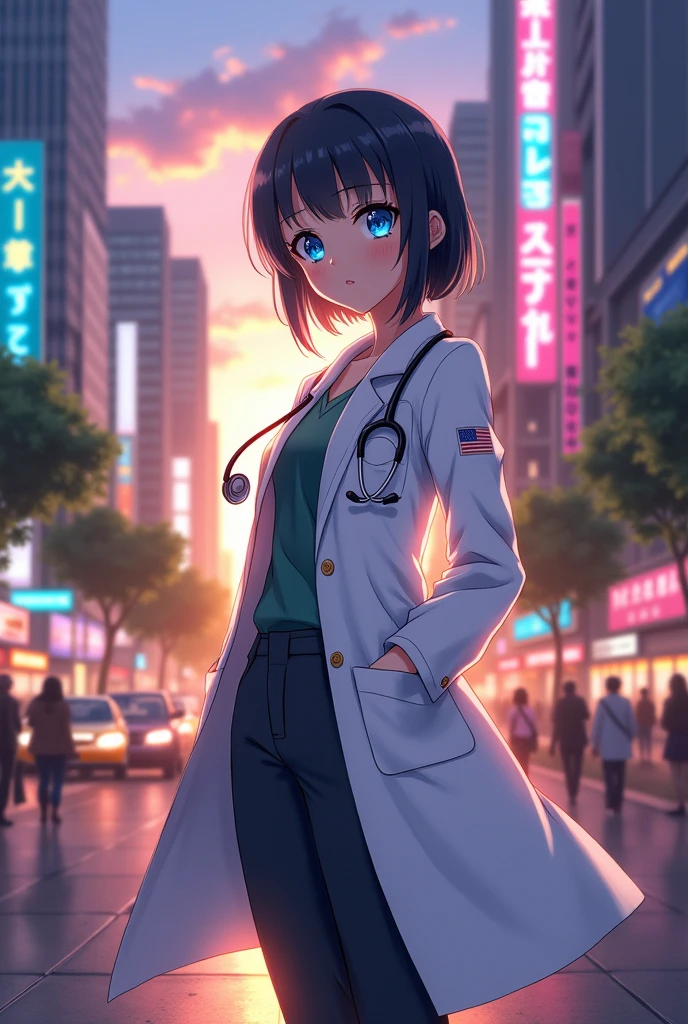 Anime girl, doctor, in city