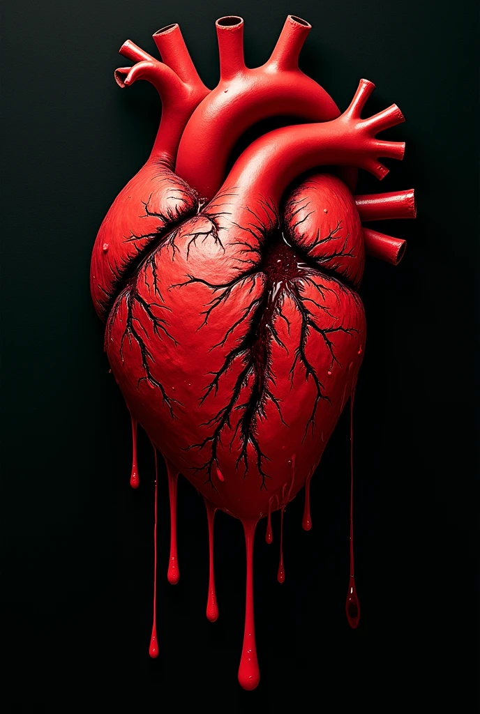 Drawing of a heart that is not anatomically correct, with a gunshot wound, that is bleeding, and has blood splattered around it