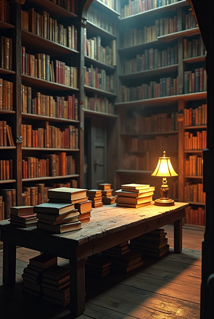 A room with the floor and ceiling looking like a library with many books, A TABLE WITH BOOKS ON IT, A LAMP STANDING,
