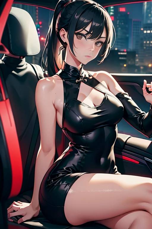 Height: 155cm,one girl in a black mini cheongsam dress sitting in the backseat of a limousine, detailed anatomically correct face with black hair in a ponytail, slanted eyes with an angry/contempt expression, slim body, AA-cup, wearing thigh-high black socks, portrait shot from a wide-angle, highly detailed, photorealistic, award-winning, textured skin, vibrant colors, dramatic studio lighting, 8k,