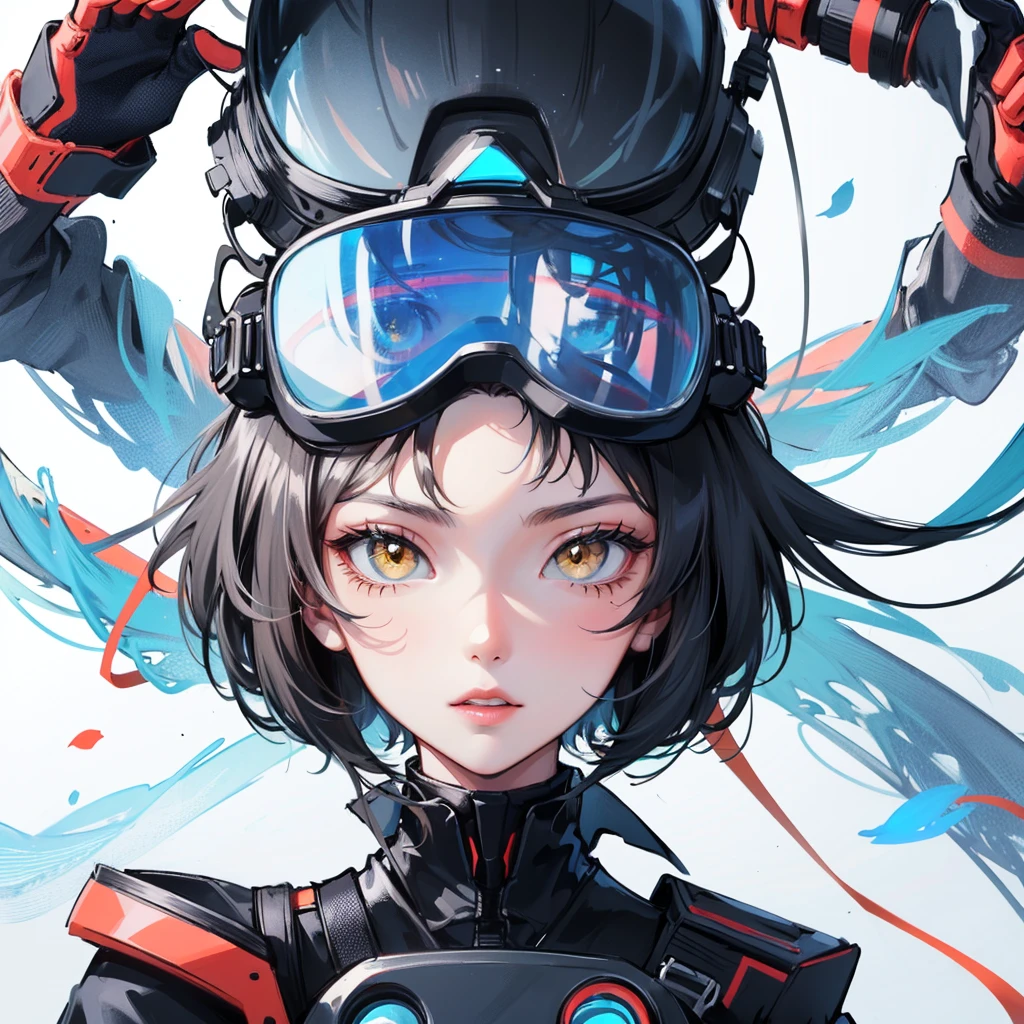 1 girl, yellow eyes, short hair, whole body, Portrait of a stylish 20 yo woman software engineer, ((wearing smart Futuristic goggles)), white Futuristic clothing with blue and red accent colors