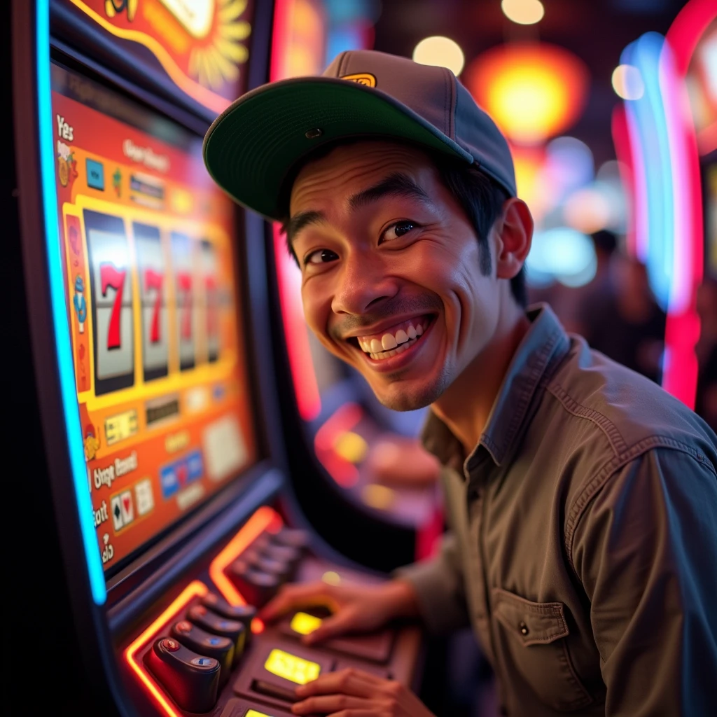 A foolish-looking Japanese person wearing a cap is grinning while playing the GOGO Juggler slot machine.
