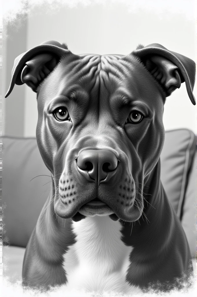 Create characters a grumpy Pitbull dog head drawn in pencil realistically