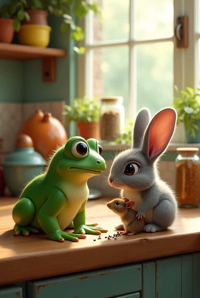 A frog and a rabbit talking to a mouse in a kitchen