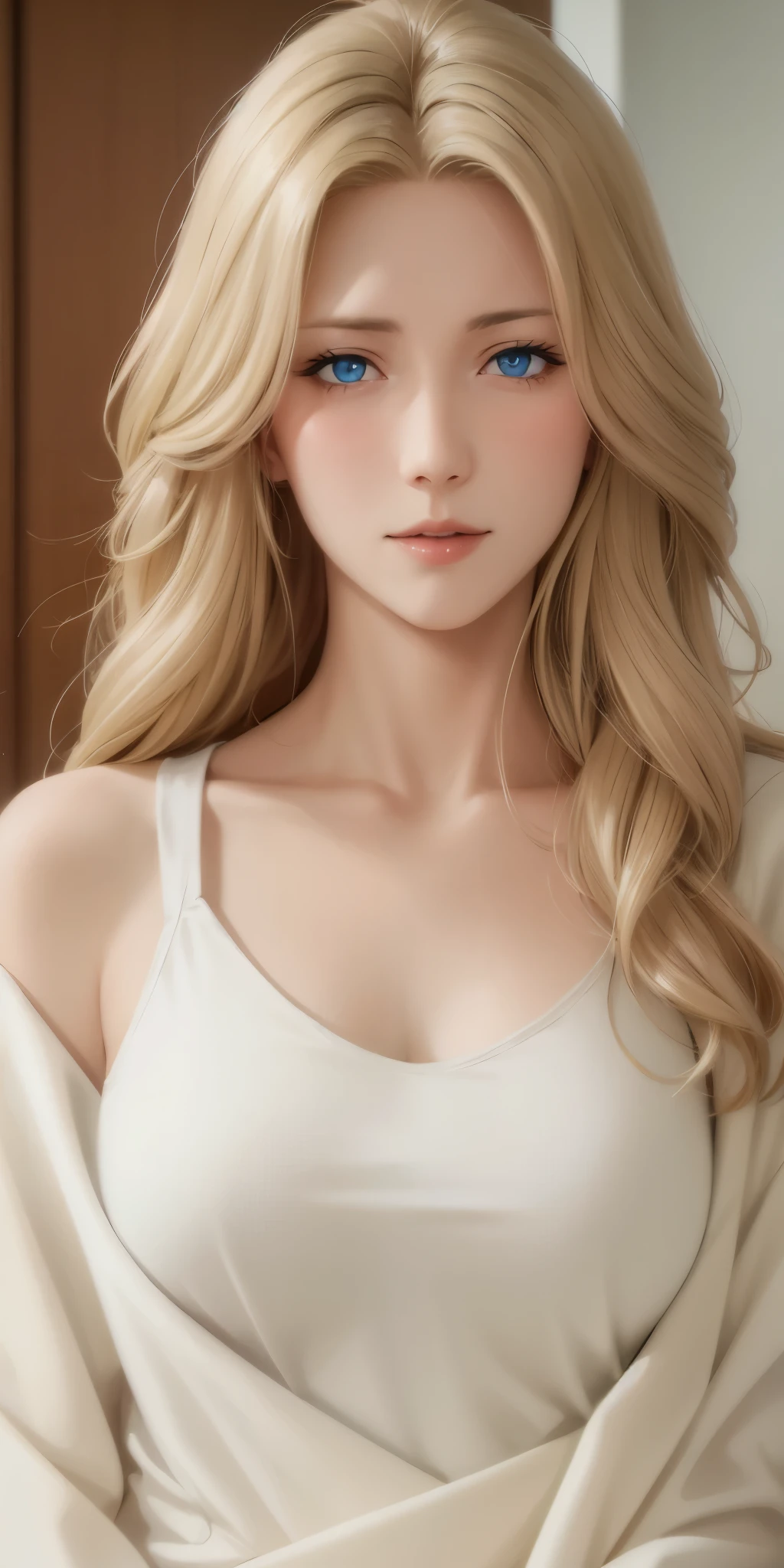 Elegant mature female, blue eyes, blonde hair, soft light, high detailed, 4k resolution, high quality, beautiful cg, 
