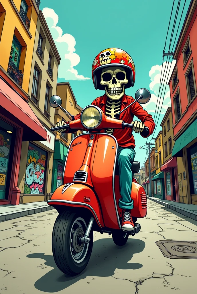 a cartoon skeleton riding a scooter with a helmet, estilo arte lowbrow, skullish, motorcyclist, moped, capacete de skullish, estilo de arte lowbrow, illustration em estilo cartoon, no estilo de illustration digital, illustration digital colorida, motorcyclist, vetor behance hd jesper ejsing, digitally colored, French comic book style, estilo de illustration, illustration!