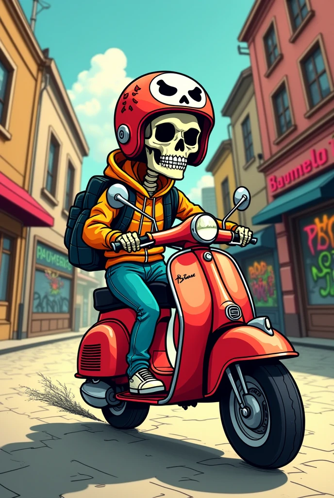 a cartoon skeleton riding a scooter with a helmet, estilo arte lowbrow, skullish, motorcyclist, moped, capacete de skullish, estilo de arte lowbrow, illustration em estilo cartoon, no estilo de illustration digital, illustration digital colorida, motorcyclist, vetor behance hd jesper ejsing, digitally colored, French comic book style, estilo de illustration, illustration!