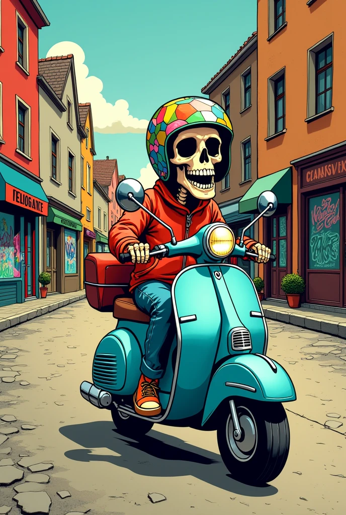 a cartoon skeleton riding a scooter with a helmet, estilo arte lowbrow, skullish, motorcyclist, moped, capacete de skullish, estilo de arte lowbrow, illustration em estilo cartoon, no estilo de illustration digital, illustration digital colorida, motorcyclist, vetor behance hd jesper ejsing, digitally colored, French comic book style, estilo de illustration, illustration!