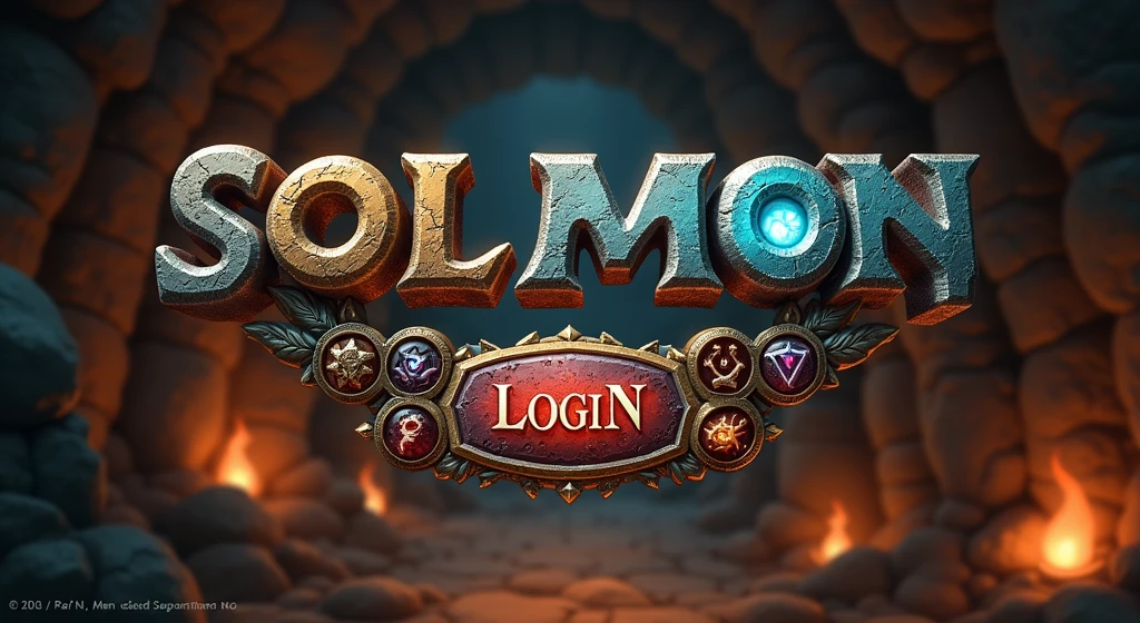 Design a visually engaging and immersive login menu for the SOLMON game, using a 3D stylized art style with a medieval elemental theme. The menu should be set within a mystical, ancient environment that reflects the game's elemental themes. The background should feature a swirling galaxy with hints of elemental energies—glowing embers, shimmering water, and vibrant earth tones—intertwined with ancient, weathered stone textures and runic symbols, creating a visually captivating scene.

At the center of the screen, place the SOLMON logo prominently, with the text rendered in a rich, gold color that exudes a sense of power and ancient wisdom. The logo should have a glowing, animated effect, reminiscent of a legendary artifact. Below the logo, include input fields for the username and password, designed with a medieval interface featuring stone-carved edges and subtle elemental accents.

Add a 'Login' button that stands out with a glowing aura, surrounded by ancient runes that pulse with energy, inviting the player to enter the game world. The button should have a metallic finish, giving it the appearance of a well-forged, enchanted item.

In the corners or subtly integrated into the background, include small, animated icons representing the different elemental creatures from the SOLMON universe. These icons should have a stylized, medieval look, with each representing fire, water, earth, and air elements in a way that adds to the overall theme without distracting from the central focus of the login menu.

Ensure the design is intuitive, user-friendly, and visually striking, creating an exciting and epic first impression that sets the tone for the SOLMON gaming experience
